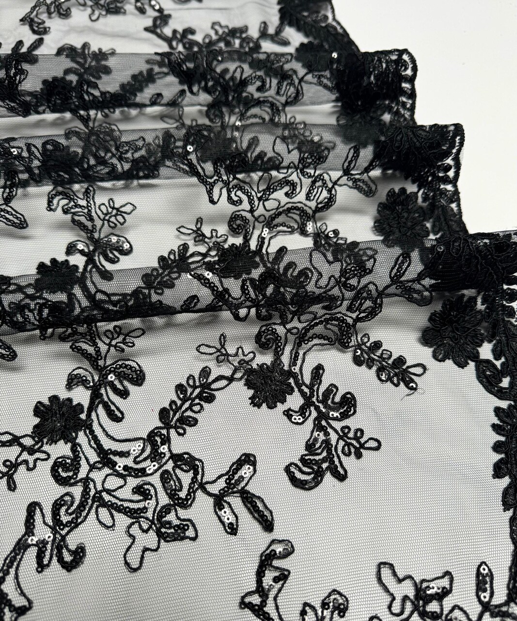 Black Sequin Embroidered Lace Fabric by the Yard, 54" Wide Floral Mesh Lace with Double Scalloped Edges